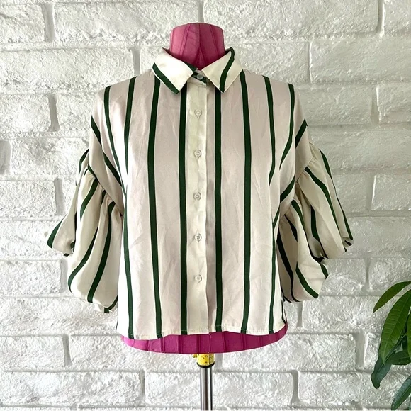Elegant Milk & Honey Striped Button Down Blouse Puffy Sleeves - Picture 2 of 9